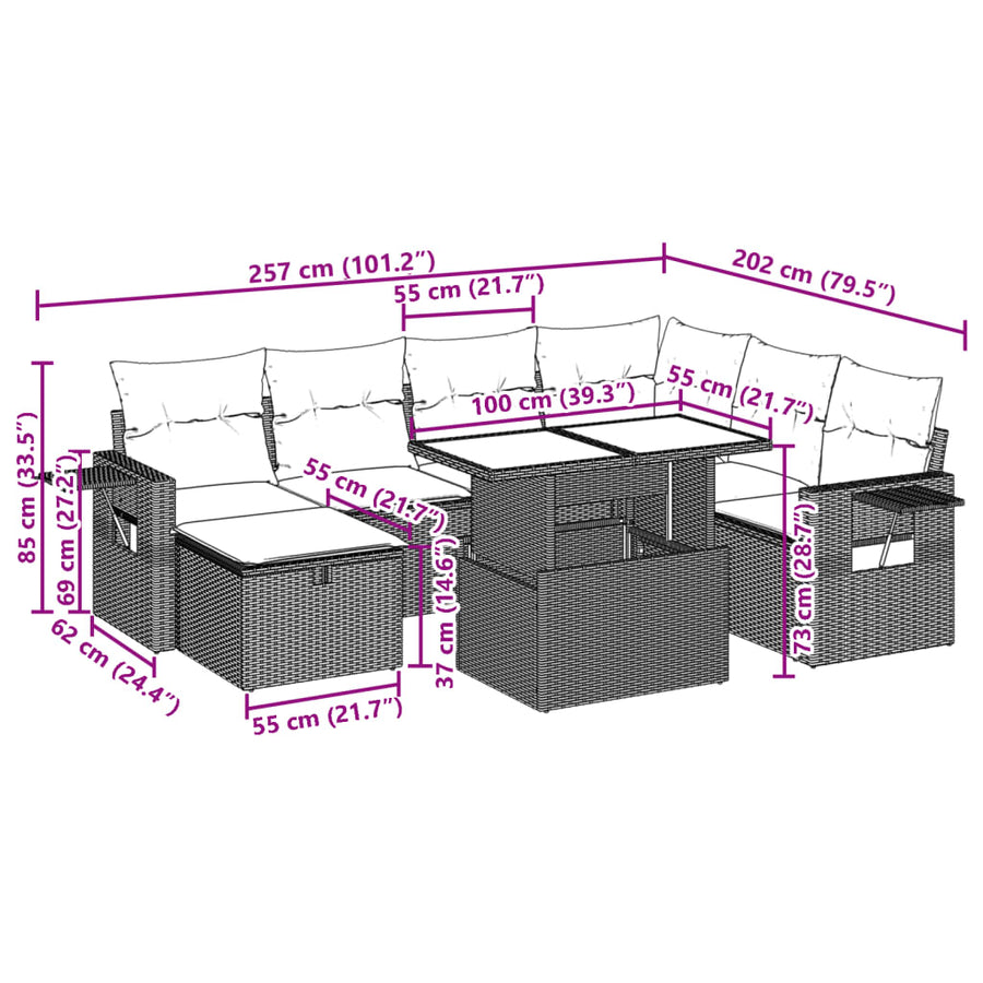 8-delige Loungeset met kussens poly rattan grijs