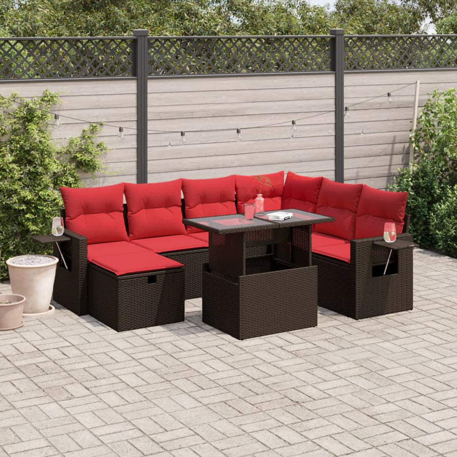 8-delige tuinbankset met kussens, bruin polyrotan