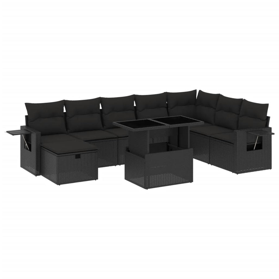 9-delige Loungeset met kussens poly rattan zwart