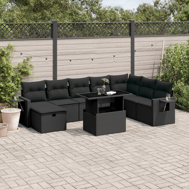 9-delige Loungeset met kussens poly rattan zwart