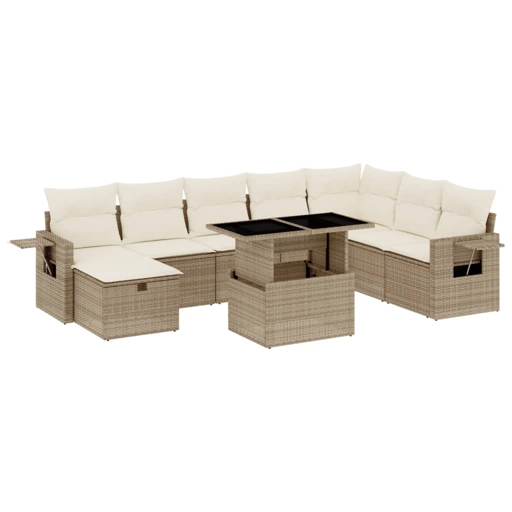9-delige Loungeset met kussens poly rattan beige