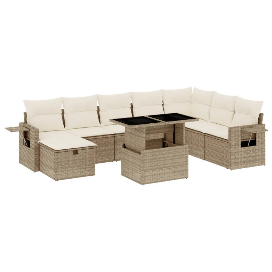 9-delige Loungeset met kussens poly rattan beige