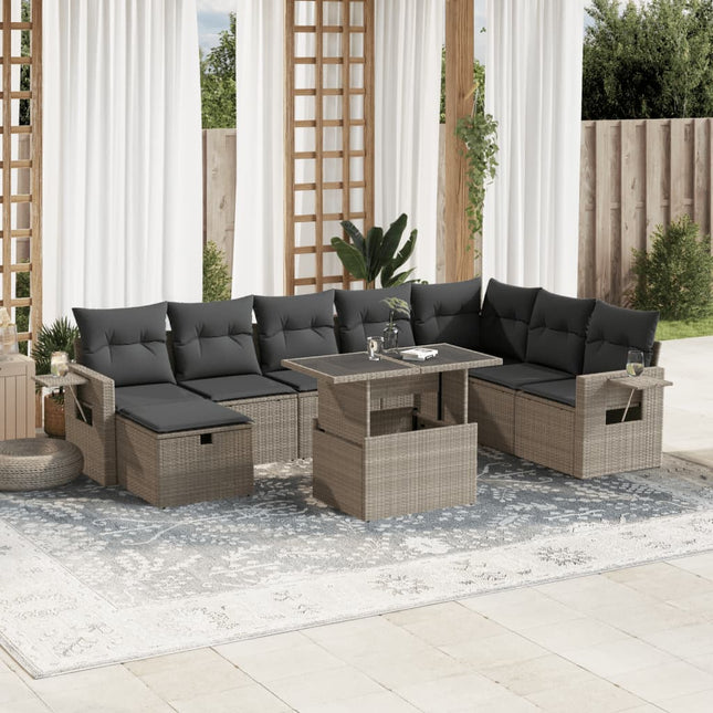 9-delige Loungeset met kussens poly rattan lichtgrijs