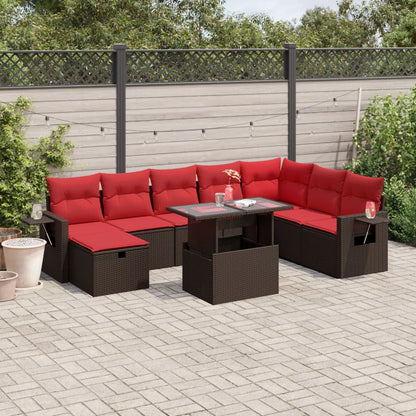 9-delige tuinbankset met kussens, bruin polyrotan
