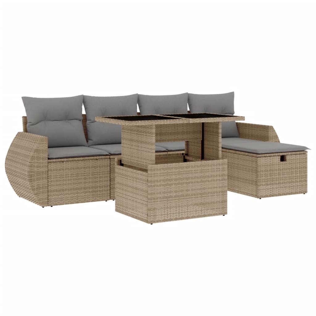 6-delige Loungeset met kussens poly rattan beige