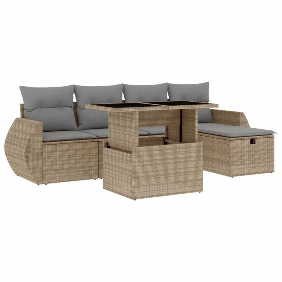 6-delige Loungeset met kussens poly rattan beige