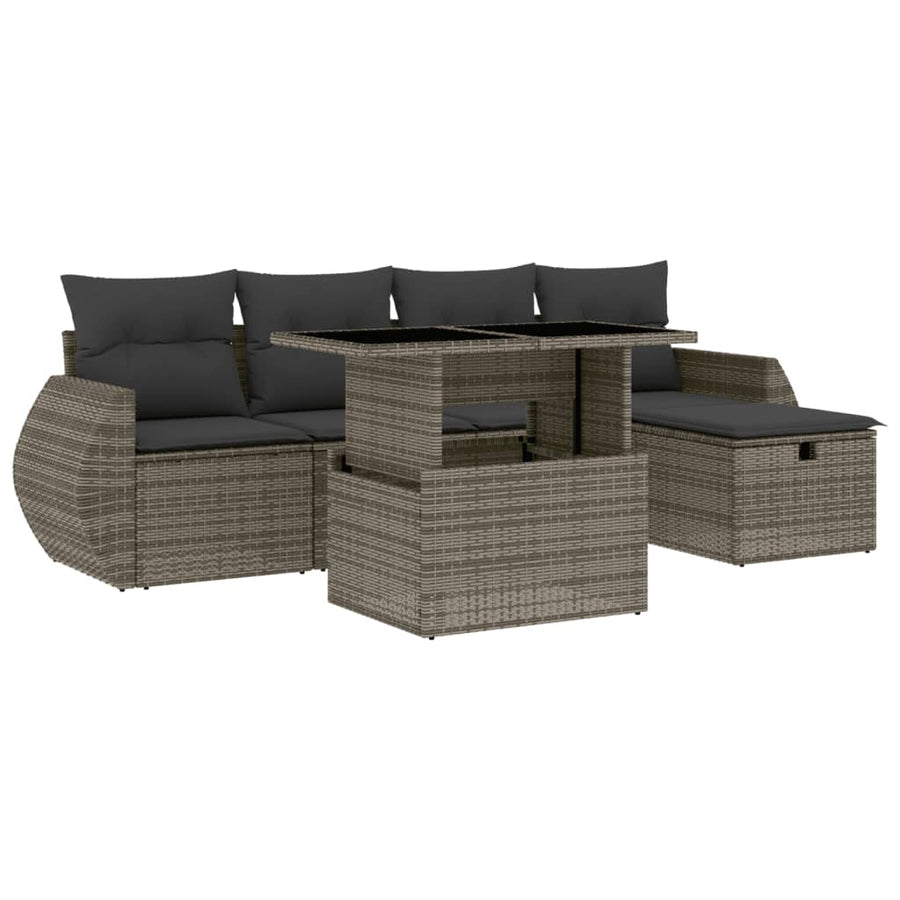 6-delige Loungeset met kussens poly rattan grijs