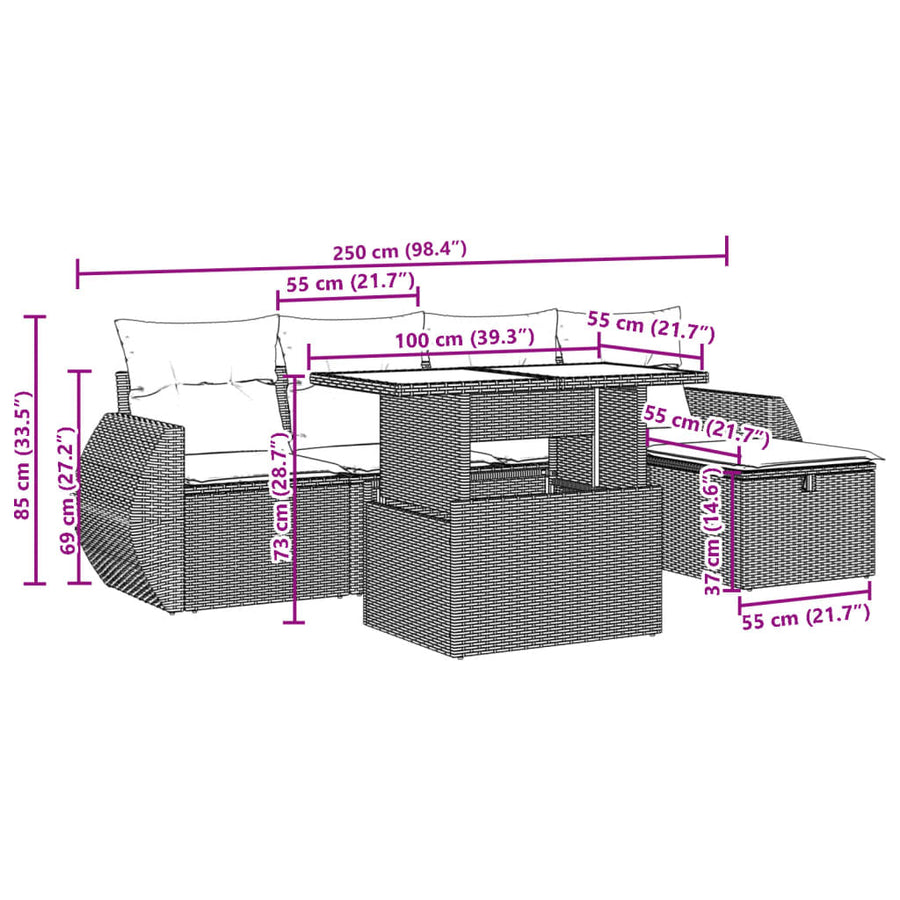 6-delige Loungeset met kussens poly rattan grijs