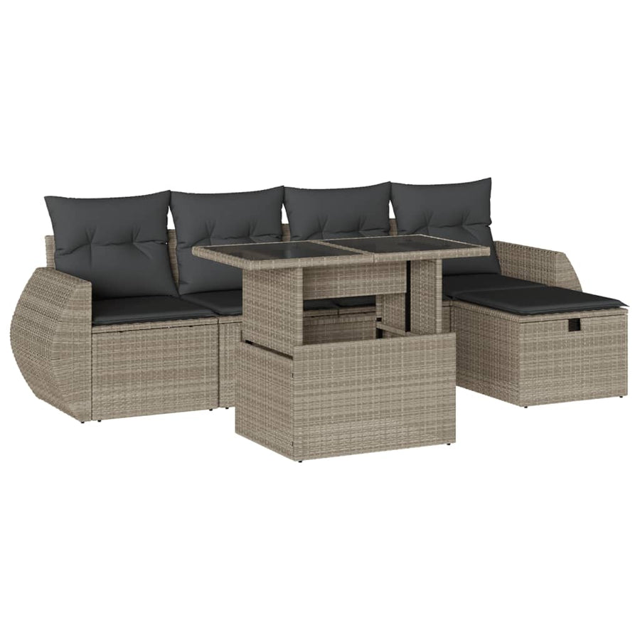 6-delige Loungeset met kussens poly rattan lichtgrijs