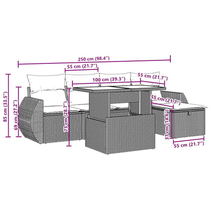 6-delige tuinbankset met kussens, bruin polyrotan