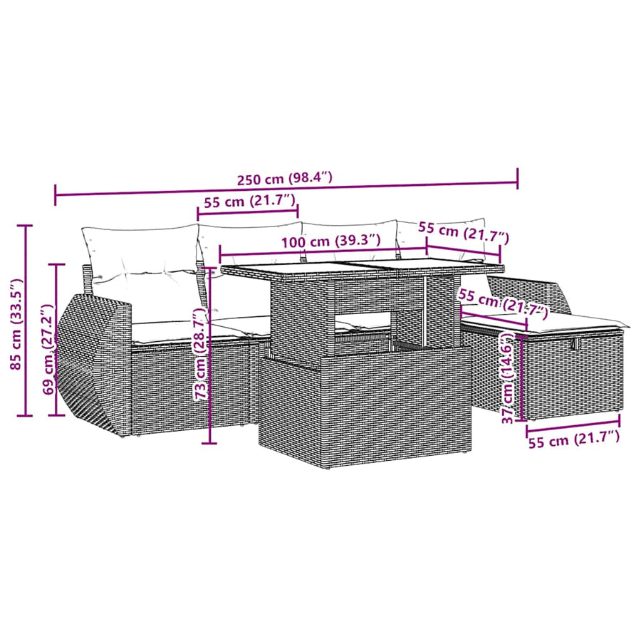 6-delige tuinbankset met kussens, bruin polyrotan