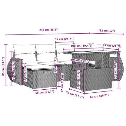 7-delige Loungeset met kussens poly rattan zwart
