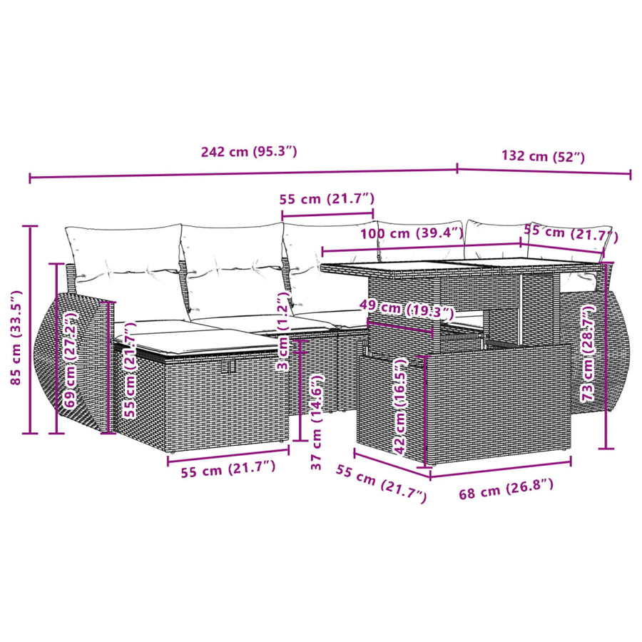 7-delige Loungeset met kussens poly rattan zwart