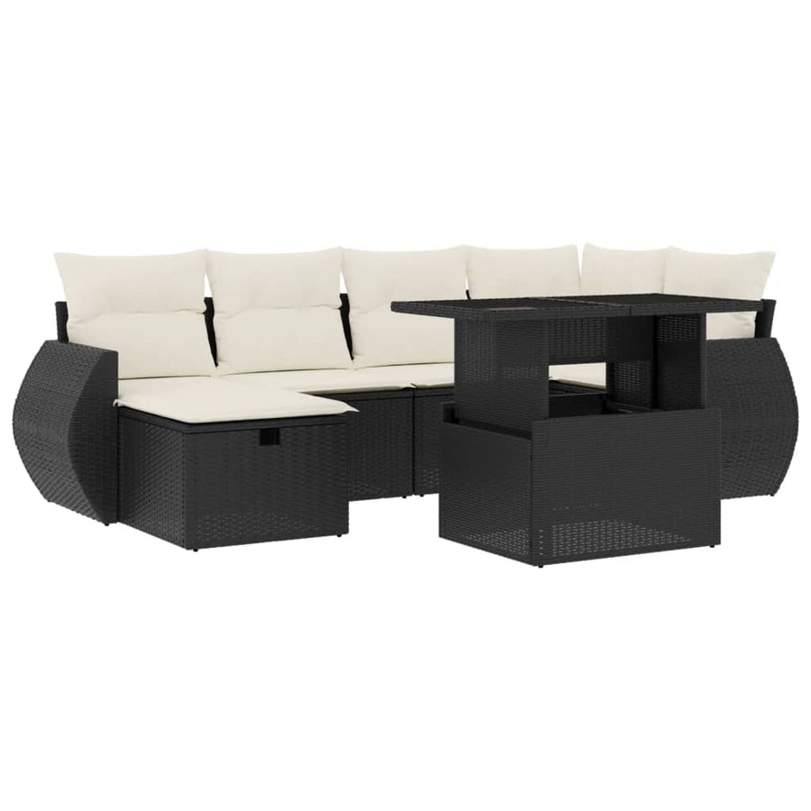7-delige Loungeset met kussens poly rattan zwart