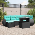 7-piece garden sofa set with cushions in black poly rattan