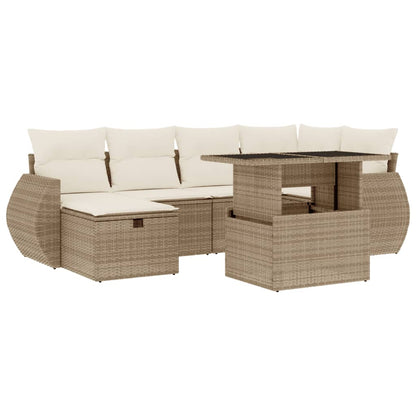 7-delige Loungeset met kussens poly rattan beige