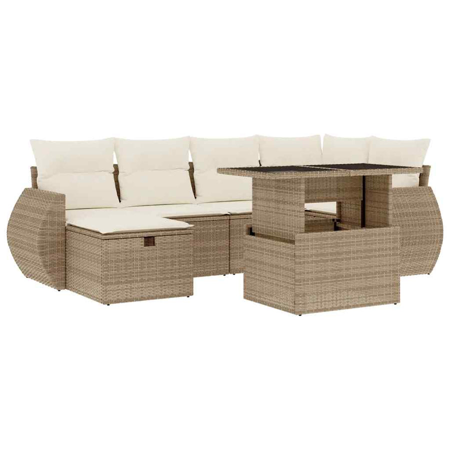 7-delige Loungeset met kussens poly rattan beige