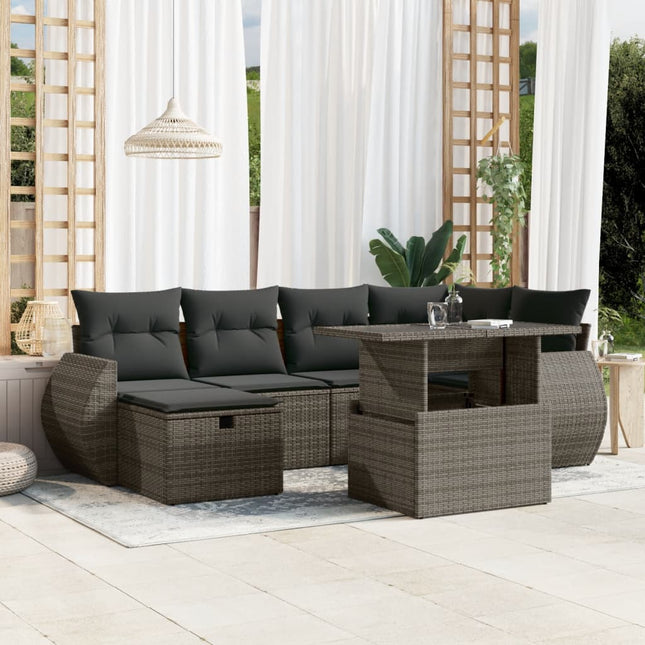 7-delige Loungeset met kussens poly rattan grijs