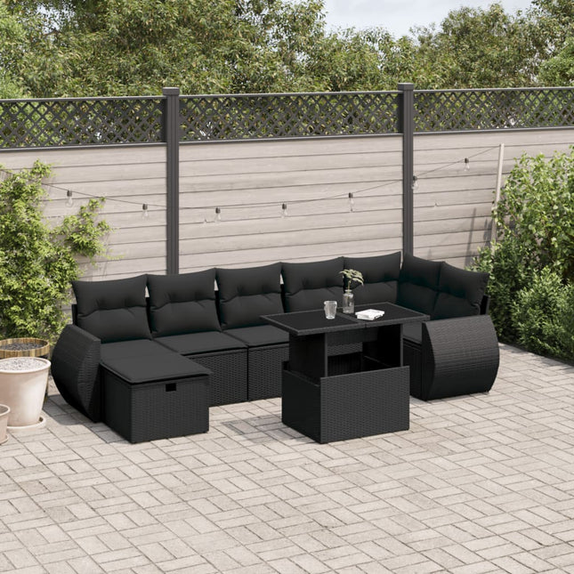 8-delige Loungeset met kussens poly rattan zwart