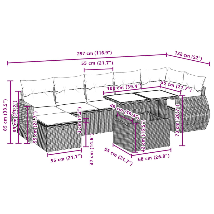 8-delige Loungeset met kussens poly rattan grijs