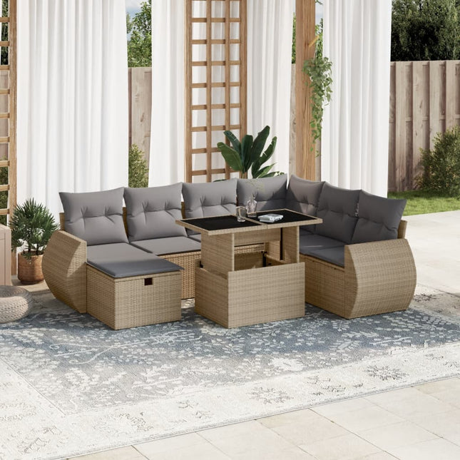 8-delige Loungeset met kussens poly rattan beige