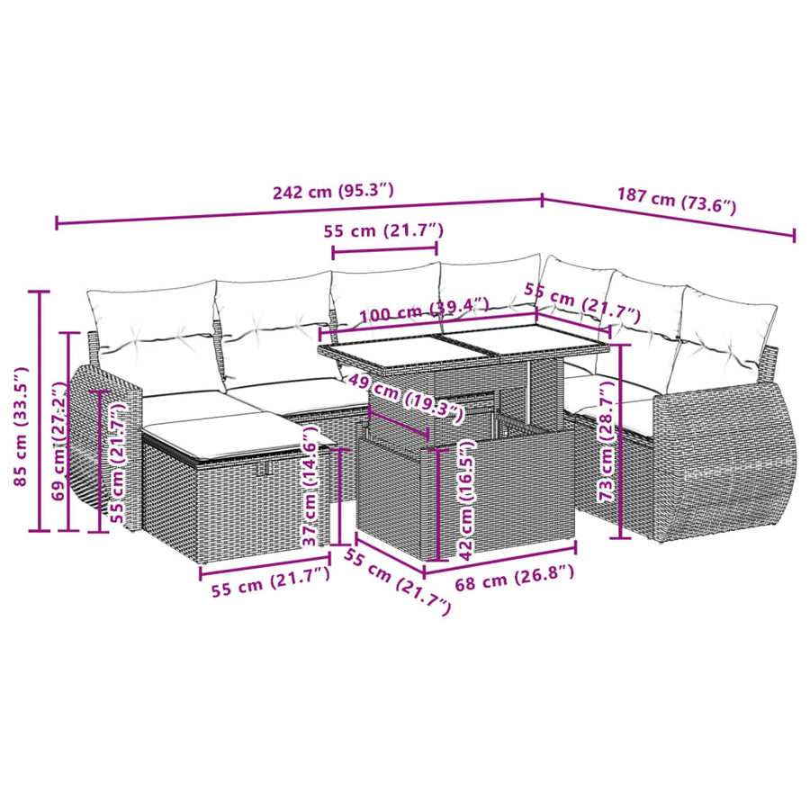 8-delige Loungeset met kussens poly rattan grijs