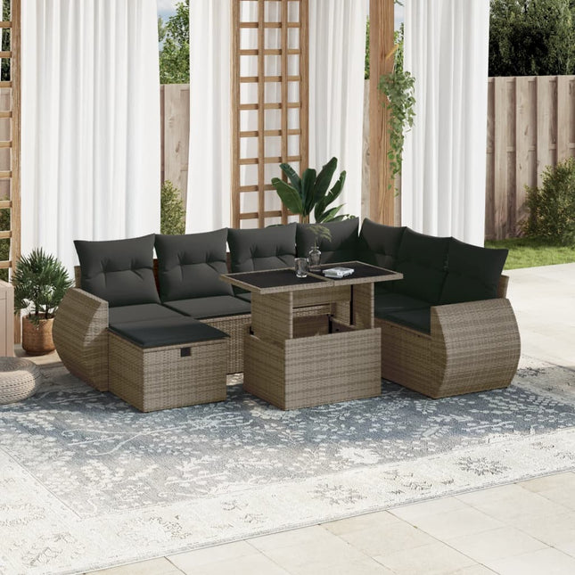 8-delige Loungeset met kussens poly rattan grijs