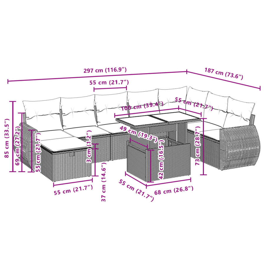 9-delige Loungeset met kussens poly rattan zwart