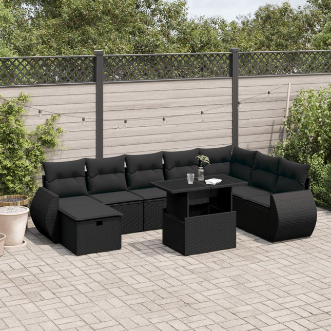 9-delige Loungeset met kussens poly rattan zwart