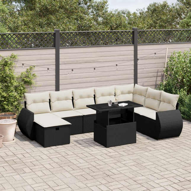 9-delige Loungeset met kussens poly rattan zwart