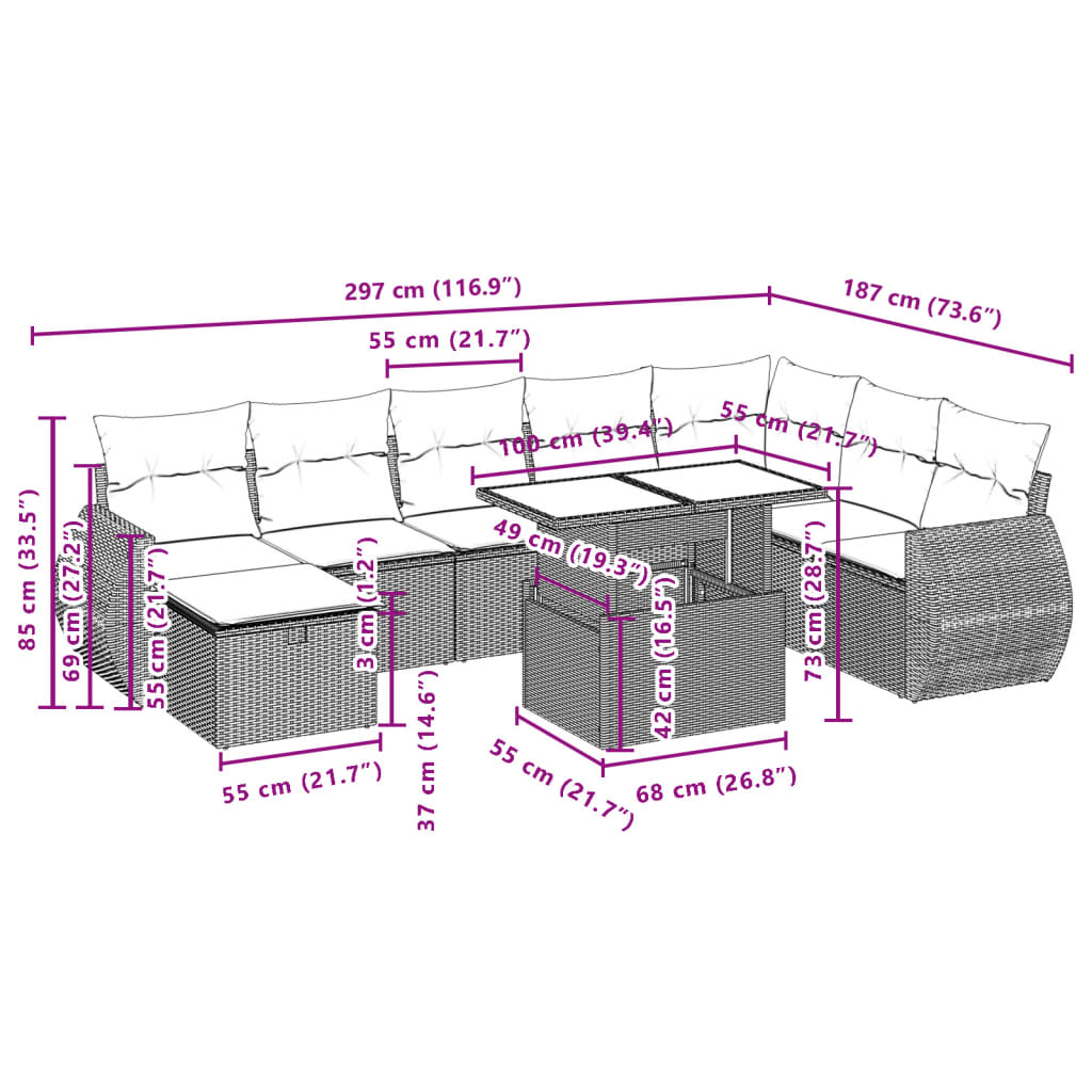 9-delige Loungeset met kussens poly rattan beige