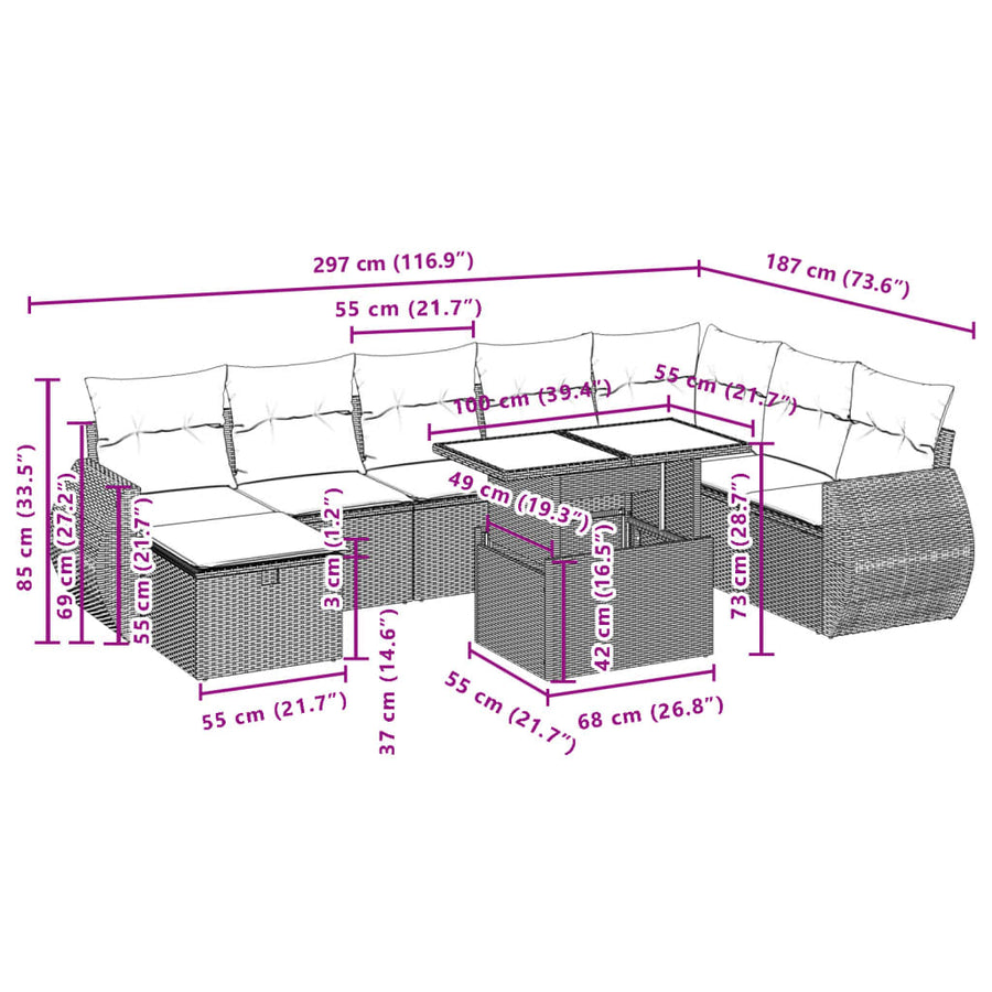 9-delige Loungeset met kussens poly rattan beige