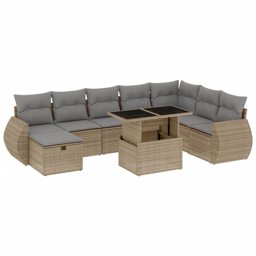 9-delige Loungeset met kussens poly rattan beige