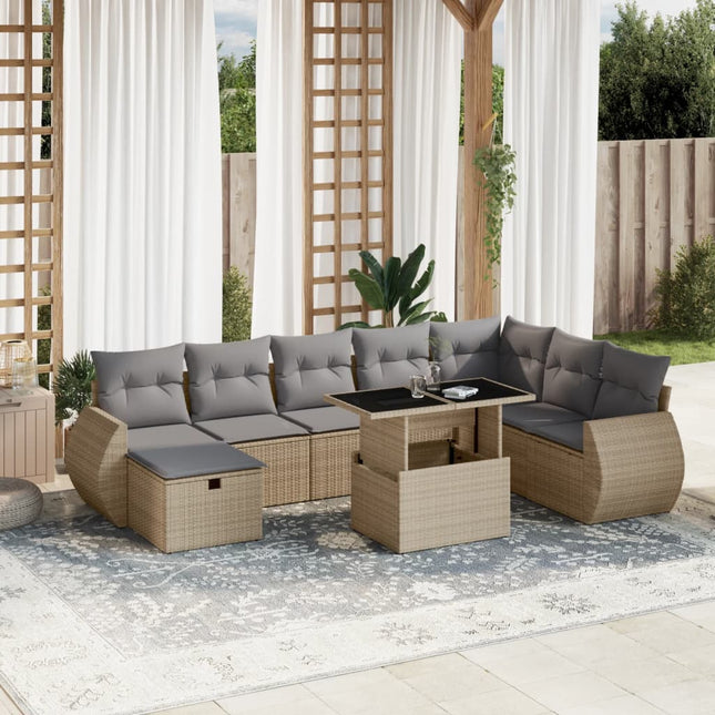 9-delige Loungeset met kussens poly rattan beige