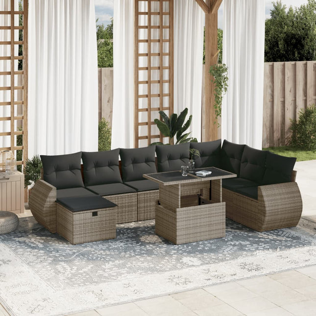 9-delige Loungeset met kussens poly rattan grijs