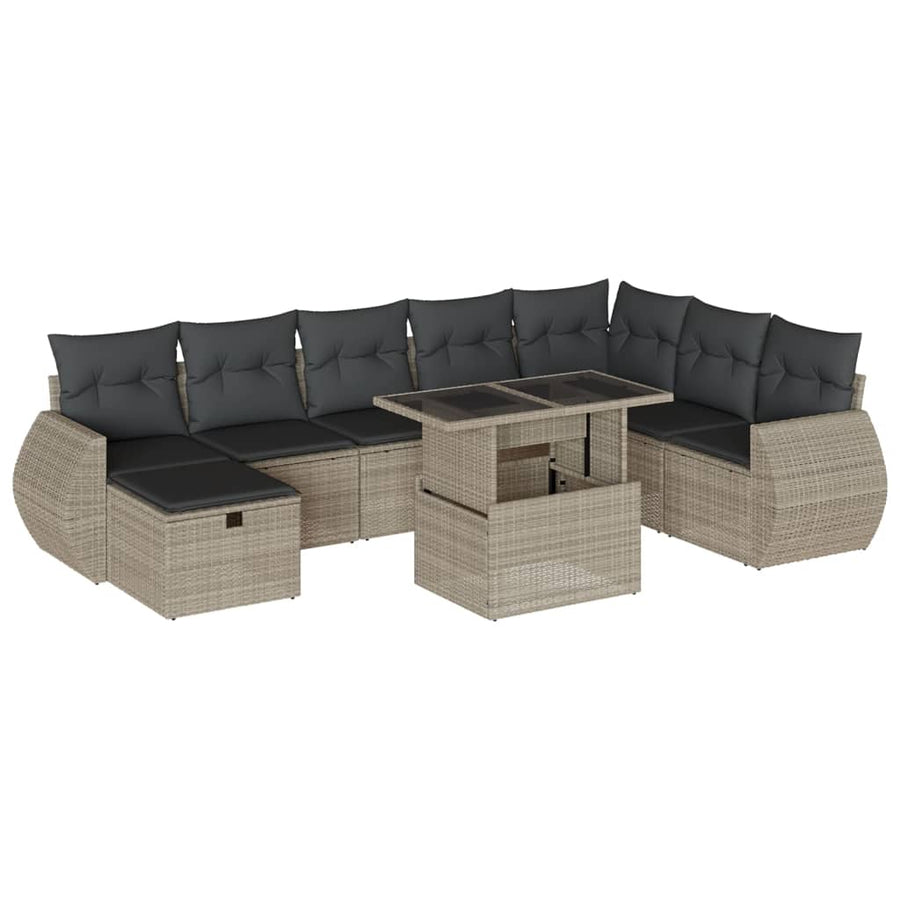 9-delige Loungeset met kussens poly rattan lichtgrijs