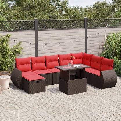 9-delige tuinbankset met kussens, bruin polyrotan