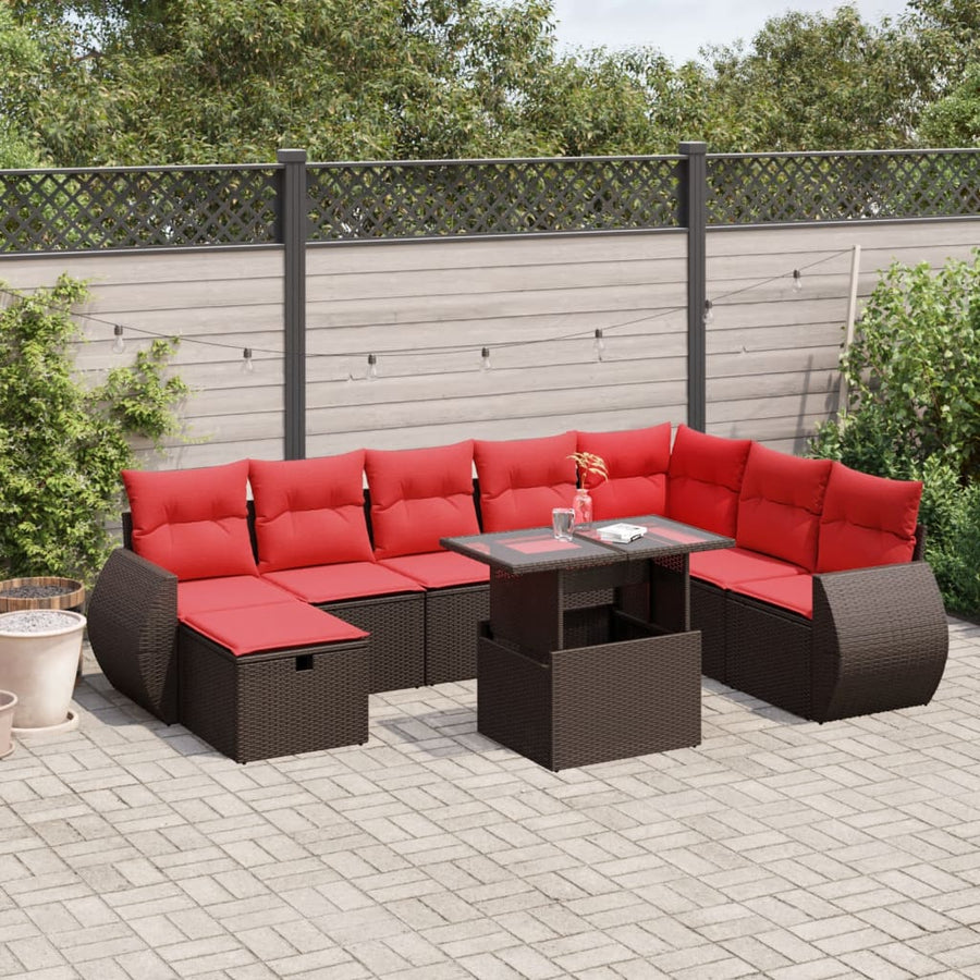 9-delige tuinbankset met kussens, bruin polyrotan