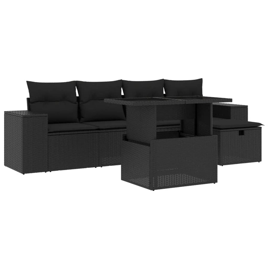6-delige Loungeset met kussens poly rattan zwart