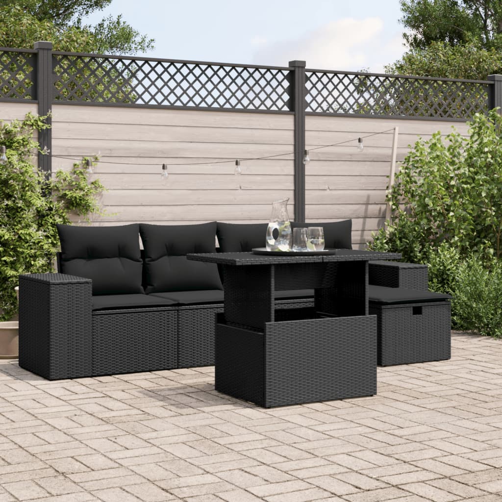 6-delige Loungeset met kussens poly rattan zwart