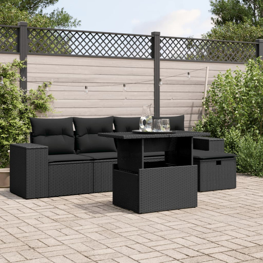 6-delige Loungeset met kussens poly rattan zwart
