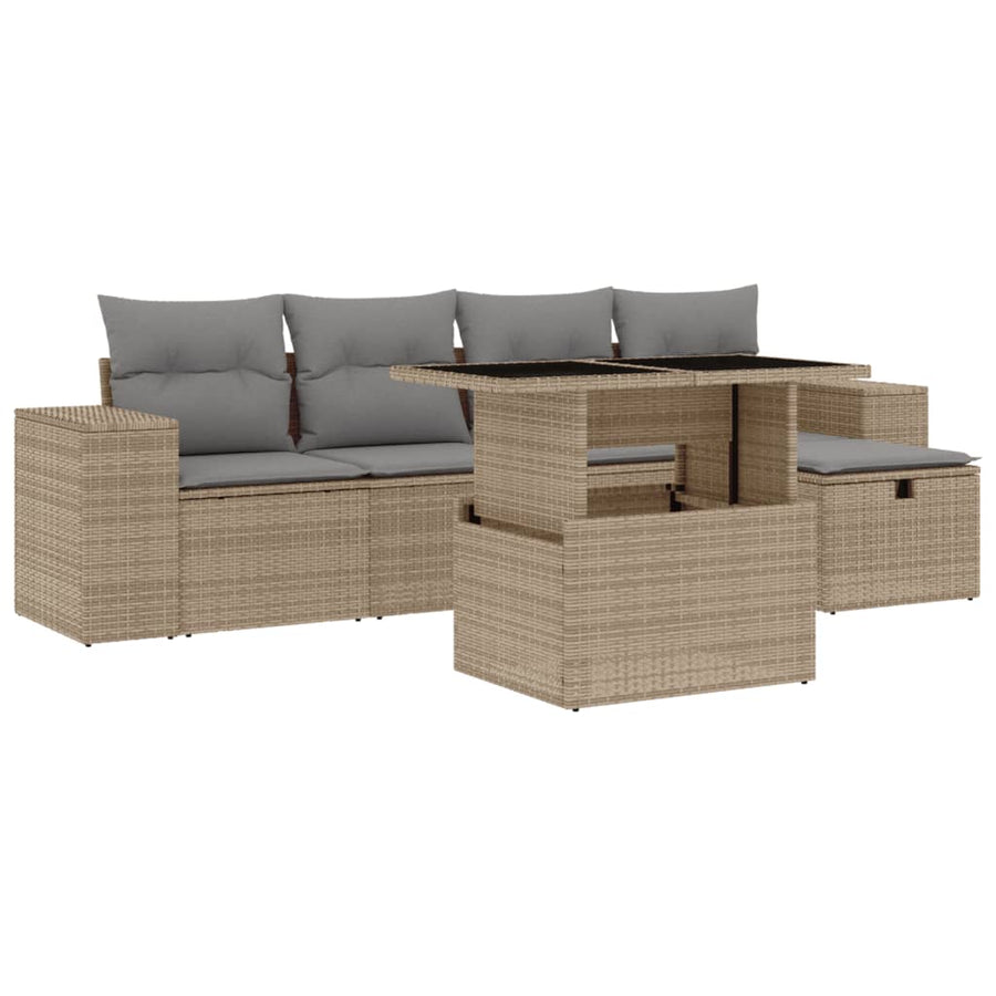 6-delige Loungeset met kussens poly rattan beige