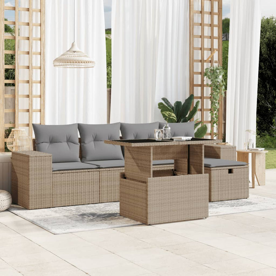6-delige Loungeset met kussens poly rattan beige