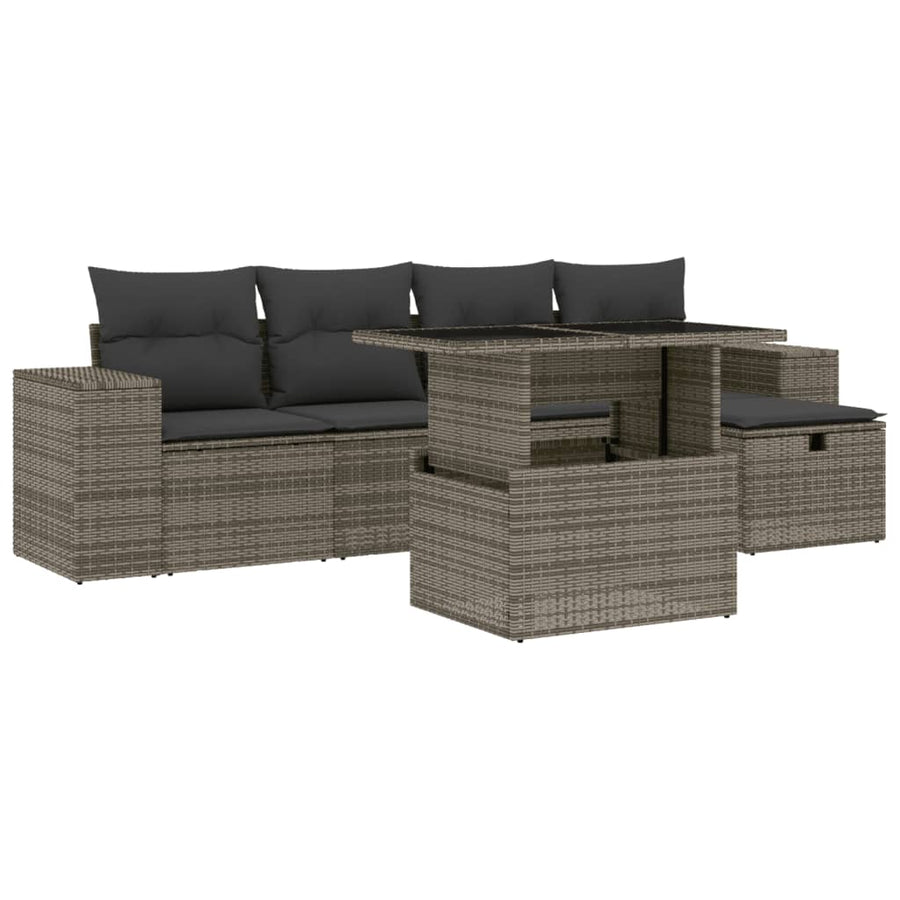 6-delige Loungeset met kussens poly rattan grijs