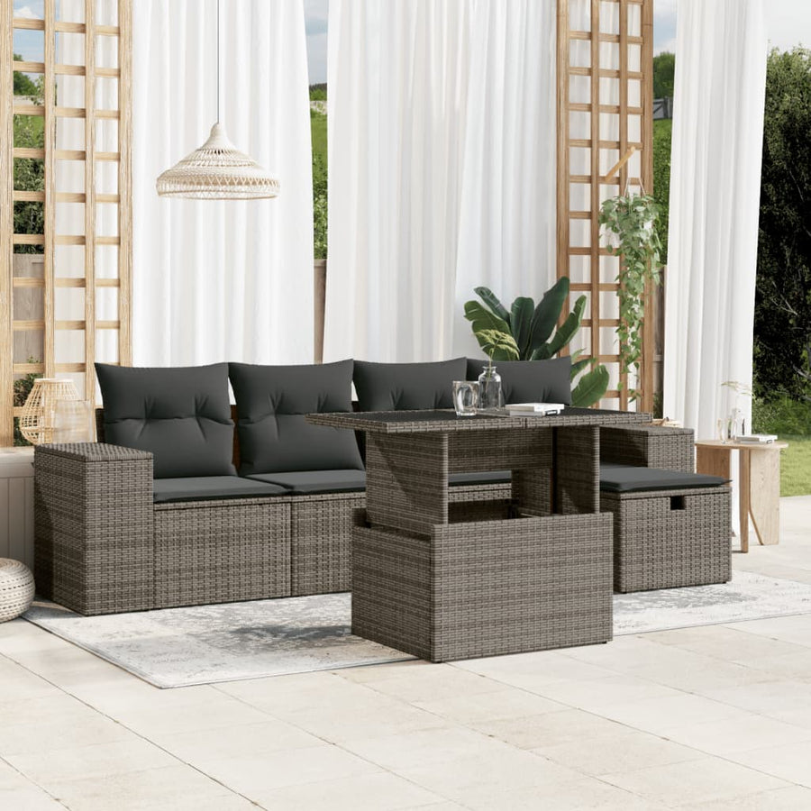 6-delige Loungeset met kussens poly rattan grijs