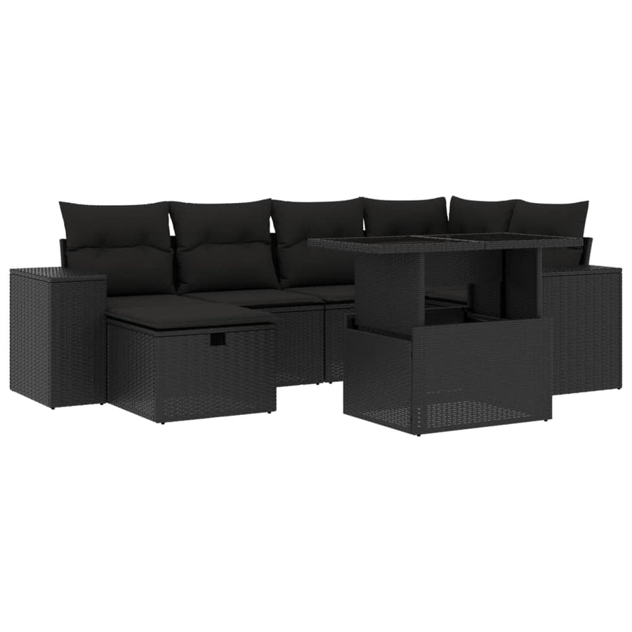 7-delige Loungeset met kussens poly rattan zwart