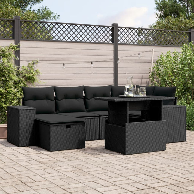 7-delige Loungeset met kussens poly rattan zwart