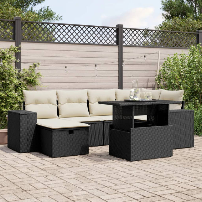 7-delige Loungeset met kussens poly rattan zwart