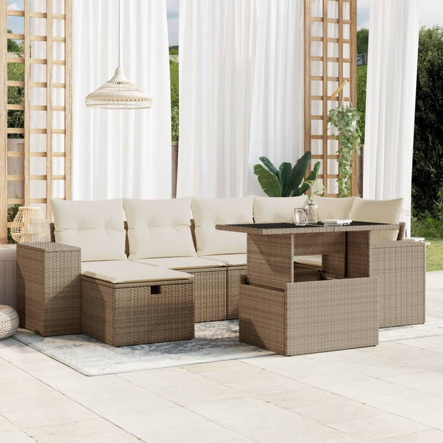 7-delige Loungeset met kussens poly rattan beige