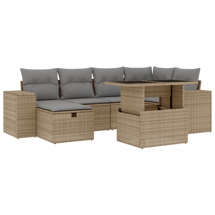 7-delige Loungeset met kussens poly rattan beige